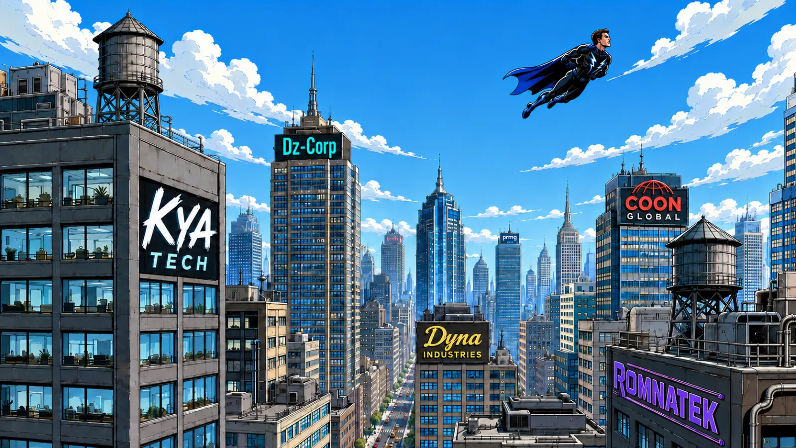 A caped hero in flight above a sunlit city skyline under a blue sky.