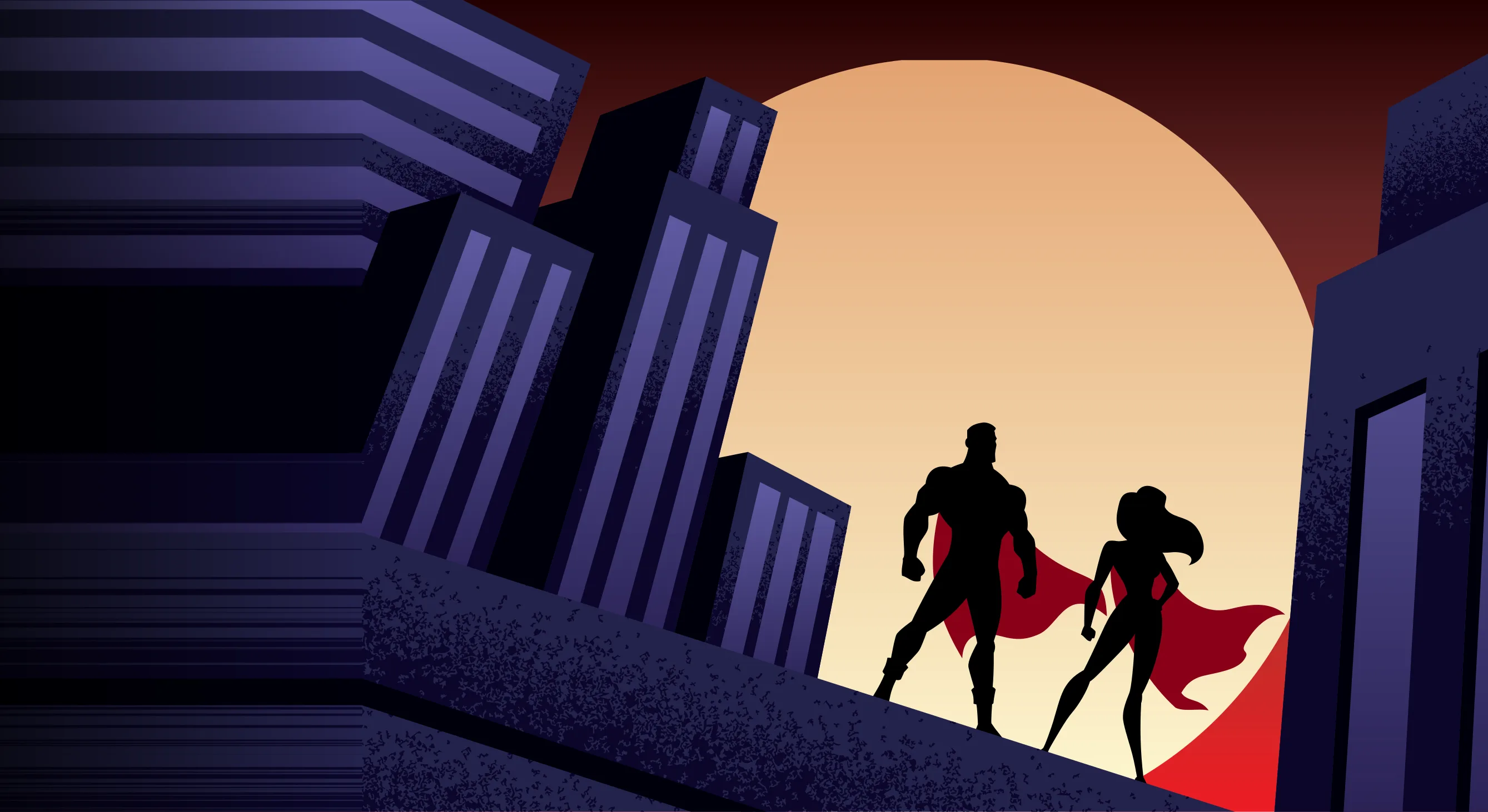 Two caped heroes on a rooftop above the city at night, a full moon rising behind them.