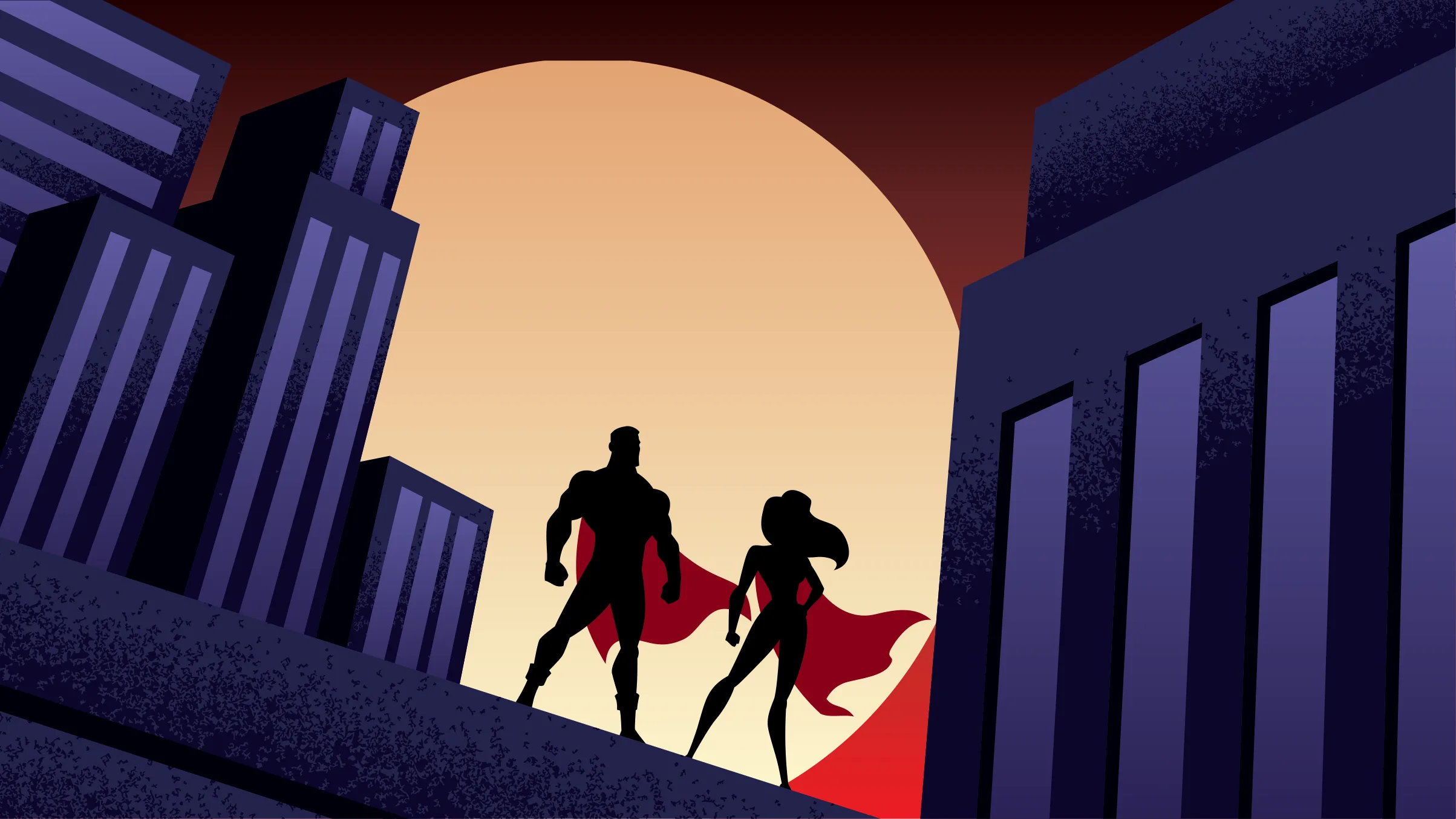 Two caped heroes on a rooftop above the city at night, a full moon rising behind them.
